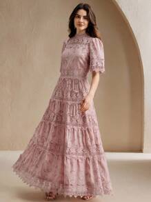 Anewsta Women's Hollow Collar Puff Sleeve Lace Patchwork Cinched Waist Long Dress, Elegant Vacation Style