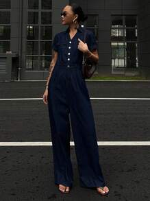 DAZY 女式夏季方领收腰短袖牛仔连体裤，街头休闲 - 深色水洗藍 - 查看 6