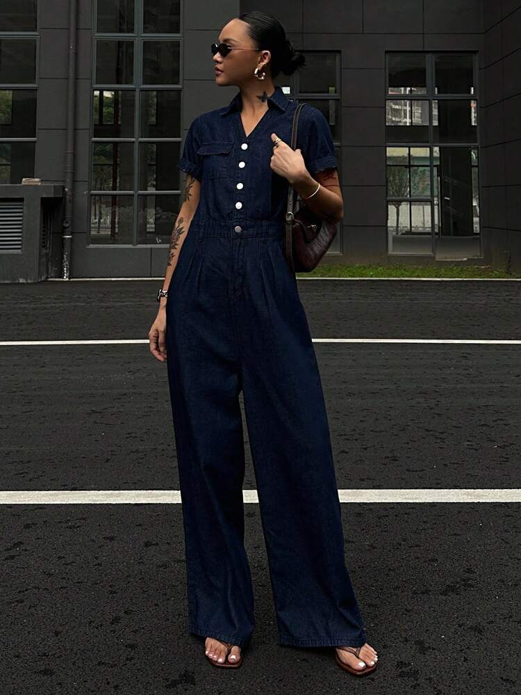 Women Summer Square Neck Waist Cinched Short Sleeve Denim Jumpsuit, Street Casual