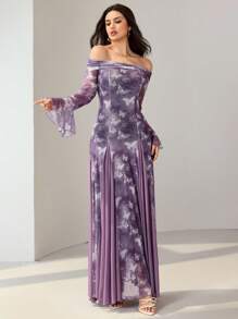 Modelyn Váy midi trễ vai phối lưới nhuộm loang lãng mạn tay loe thanh lịch dành cho nữ, váy bướm tím phong cách Hàn Quốc, váy dạ hội màu hoa oải hương, váy dạ hội màu tử đinh hương, váy trễ vai in họa tiết bướm, trang phục thu đông giản dị thời trang dành cho nữ, trang phục nữ cổ điển giản dị dễ thương, trang phục trở lại trường, váy trở lại trường, trang phục nữ giáo viên - Nhiều màu - Xem 5