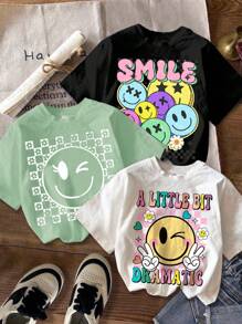 3pcs Young Girl Simple Cartoon Pattern Casual T-Shirts, Suitable For Summer Cute Graphic Tees Cute T Shirts Teen Kawaii Clothes Cute Shirts Girls, School, Campus, College - Multicolor - View 1