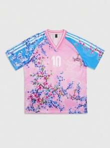ROMWE MEN Prep World Cup Spring/Summer Casual Graphic Men'S Floral Print V-Neck Colorblock Short Sleeve T-Shirt, Summer, 2000S Style - Pink - View 5