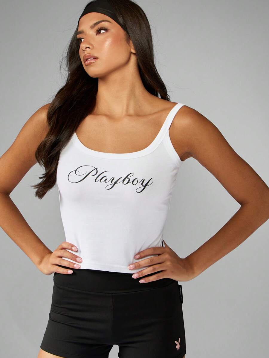 Missguided x Playboy Top de camisa elegante con logotipo de letra cursiva, informal y femenino para verano, con espalda de tirantes para uso casual, estudio, práctica, streetwear, festivales y playa, tipo top corto