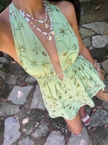 Lyxana Women's Casual Vacation Sequins Chiffon Embroidered Halter Ruched Backless Bowknot Mini Dress, Summer - Green - View 1