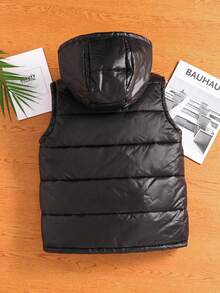 SHEIN 儿童青少年男童休闲加厚立领无袖绗缝羽绒背心，冬季外套，儿童背心，男童背心，黑色儿童背心，儿童连帽背心，儿童羽绒背心，开学第一天，开学季，男童，青少年，开学第一天，青少年，亲子装，适合儿童，冬季，秋季 - 黑色 - 查看 2