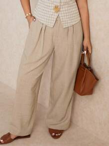 Elaquor Plus Size Casual Versatile Solid Color Loose Fit Suit Pants - Khaki - View 5