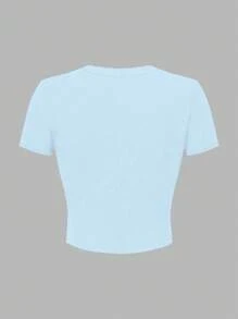 SHEIN Tween Girls Floral Print Cropped Fitted Round Neck T-Shirts, Casual & Comfortable For Summer