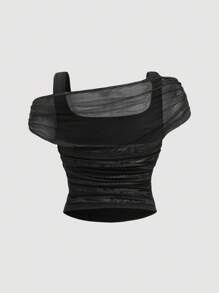 SHEIN MOD 1 套加大码网眼花卉印花不对称领口上衣和网眼鱼尾裙，假日装