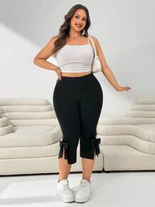 Solflare Pantalones casuales de talla grande para mujer con lazo y abertura lateral de 3/4, para primavera y verano, Día de San Valentín - Negro - Ver 4