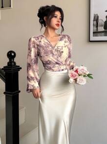 Modelyn Áo cánh Chiffon họa tiết hoa thanh lịch lãng mạn cho nữ, Xuân/Hè - Màu be - Xem 4
