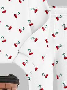 迷你樱桃印花，樱桃女孩，复古樱桃图案，女婴休闲针织柔软套头衫套装，适合秋冬季节、返校季、Y2K、秋季服装、90年代主题派对樱桃睡衣，女婴睡衣，女婴睡衣套装，女童樱桃睡衣，女婴睡衣套装 - 彩色 - 查看 5