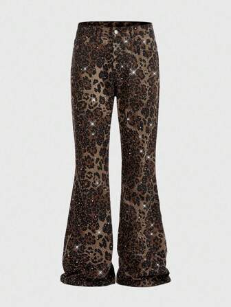 ROMWE Avant Men's Sparkling Diamond Layered Flare Leopard Print Jeans