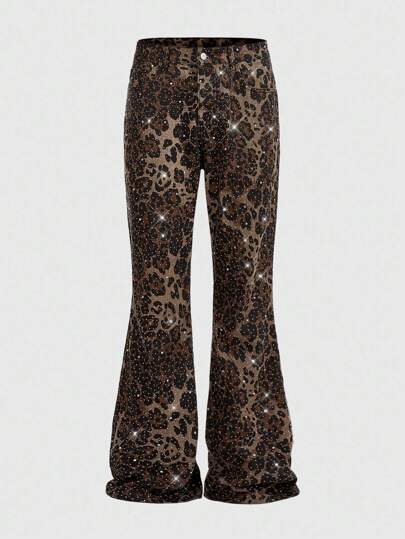 Street Life Men's Sparkling Diamond Layered Flare Leopard Print Jeans