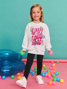 SHEIN Back To School Season Young Girl Casual Minimalist Comfortable Round Neck Sweatshirt And Pants Set Kids Sweatshirt Girls Good Mood Sweatshirt Girls - White - View 1