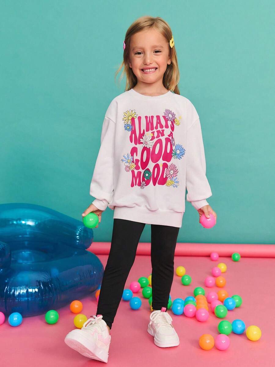 SHEIN Back To School Season Young Girl Casual Minimalist Comfortable Round Neck Sweatshirt And Pants Set Kids Sweatshirt Girls Good Mood Sweatshirt Girls - White - View 1