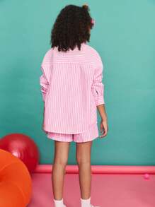 SHEIN 青少年女孩宽松休闲简约舒适条纹立领长袖衬衫度假装 - 粉色 - 查看 6