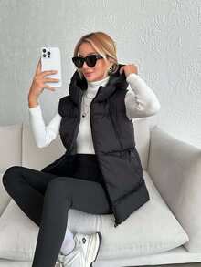SHEIN Tall Tall Size Casual Zip Up Hooded Winter Coat Vest - Black - View 3