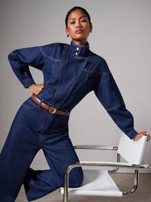 COSMINA 女士休闲日常外出立领牛仔连体裤 - 深色水洗藍 - 查看 4