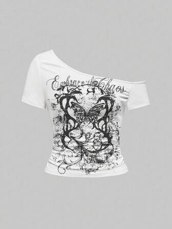 Grunge Punk Schiacciata asimmetrica a T con scollo grafico, in stile punk e vintura vintage bianco e nero, per donne