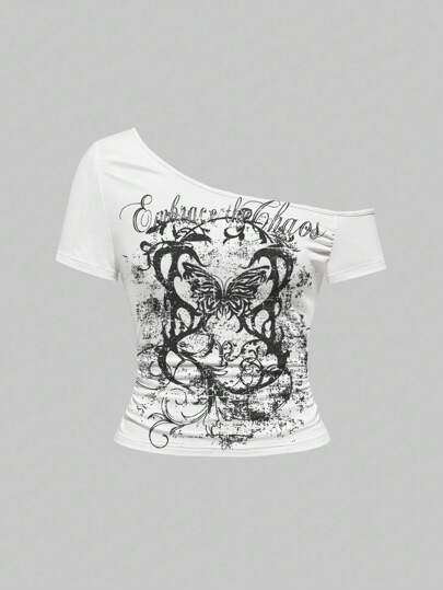 Grunge Punk Punk Style Butterfly & Vine Retro Vintage Black & White Print Asymmetrical Neck Graphic T-Shirt For Women