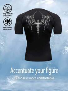 Manfinity Sport Corelite 1pc Men's Casual Wing Print Round Neck Short Sleeve Sports T-Shirt, Summer Rash Guard Men Compression Shirt Men Graphic Compression Shirt Athletic Shirt Compression T-Shirt Fitted Shirt Crew Neck