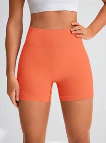 SHEIN Sports 女士纯色高腰日常健身运动瑜伽短裤 - 橘色 - 查看 4