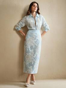 Anewsta Set de 2 piezas: Camisa de manga larga con bloques de color y textura, y falda midi evasé con dobladillo dividido - Azul - Ver 6