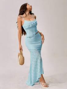 SHEIN PETITE 女装春夏度假结婚季透视蕾丝不对称下摆背心和低腰包臀鱼尾荷叶边加长不对称下摆裙两件套淡蓝色两件套 - 淺藍色 - 查看 4