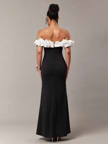 Silquee Vestido de mujer con abertura alta y hombros descubiertos en contraste - Negro - Ver 3