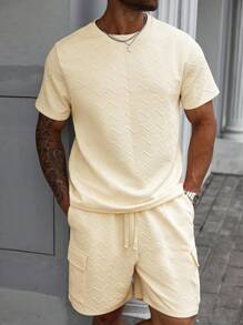 Manfinity CasualCool Conjunto casual de camiseta de manga corta con estampado de olas y rayas en relieve y pantalones cortos para hombre talla grande - Albaricoque - Ver 4