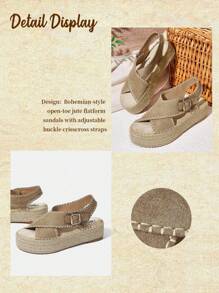 Styleloop Damen Geflecht Seil Plateau Keilsandalen, Urlaubsstil BOHO Chic Retro Amerikanisch Western Musik Festival Party Outfit - Khaki - Übersicht 8