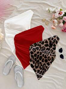 Soleia 3 件套性感豹纹组合（白色、红色、纯色豹纹）不对称下摆露肩上衣，适合夏季和海滩风格 - 彩色 - 查看 4