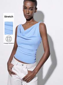 Maija 蓝色垂坠领扭结无袖女式优雅秋冬背心，简约设计，百搭亲肤，适合度假和外出 - 淺藍色 - 查看 1