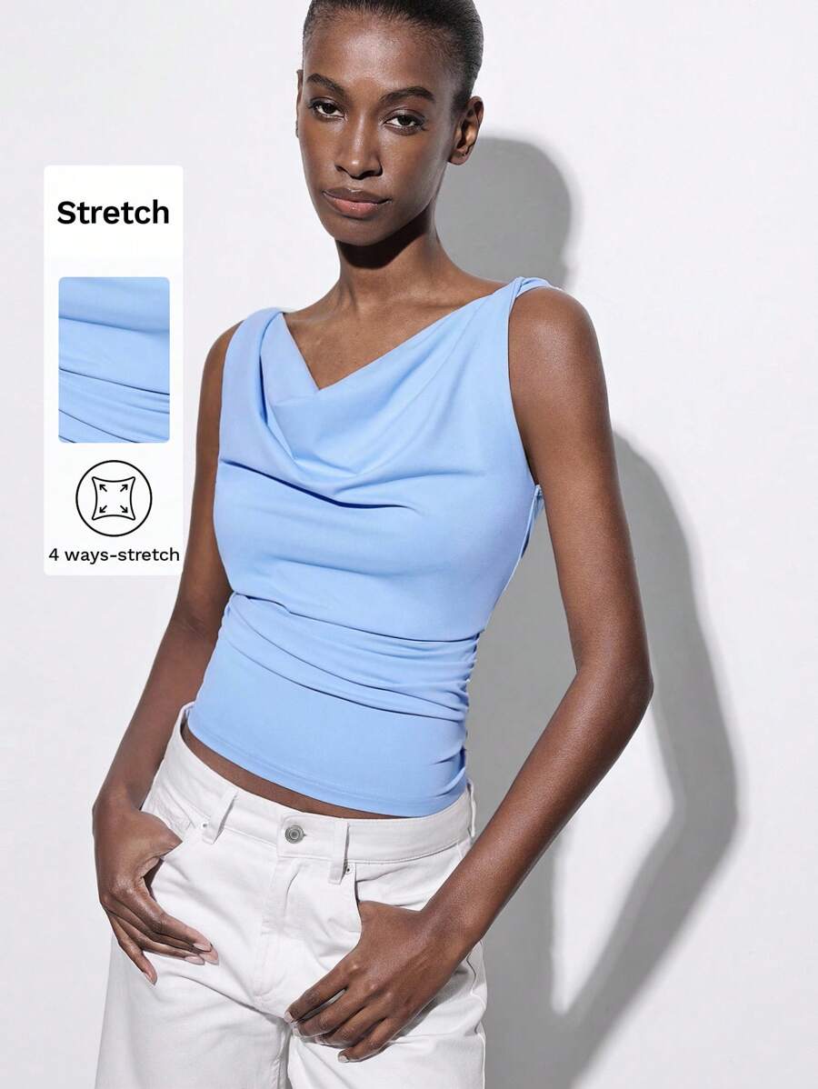 Maija 蓝色垂坠领扭结无袖女式优雅秋冬背心，简约设计，百搭亲肤，适合度假和外出 - 淺藍色 - 查看 1