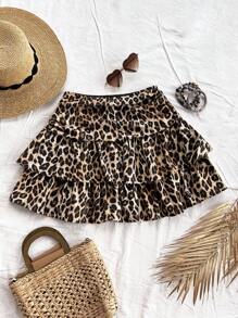 SHEIN 少女休闲豹纹叠层半身裙 - 棕色 - 查看 8