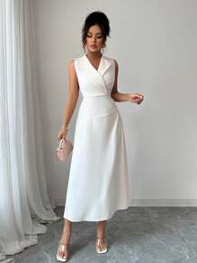 Chiquease Váy trơn cổ không tay thanh lịch, màu trơn, Xuân/Hè - Màu be - Xem 5