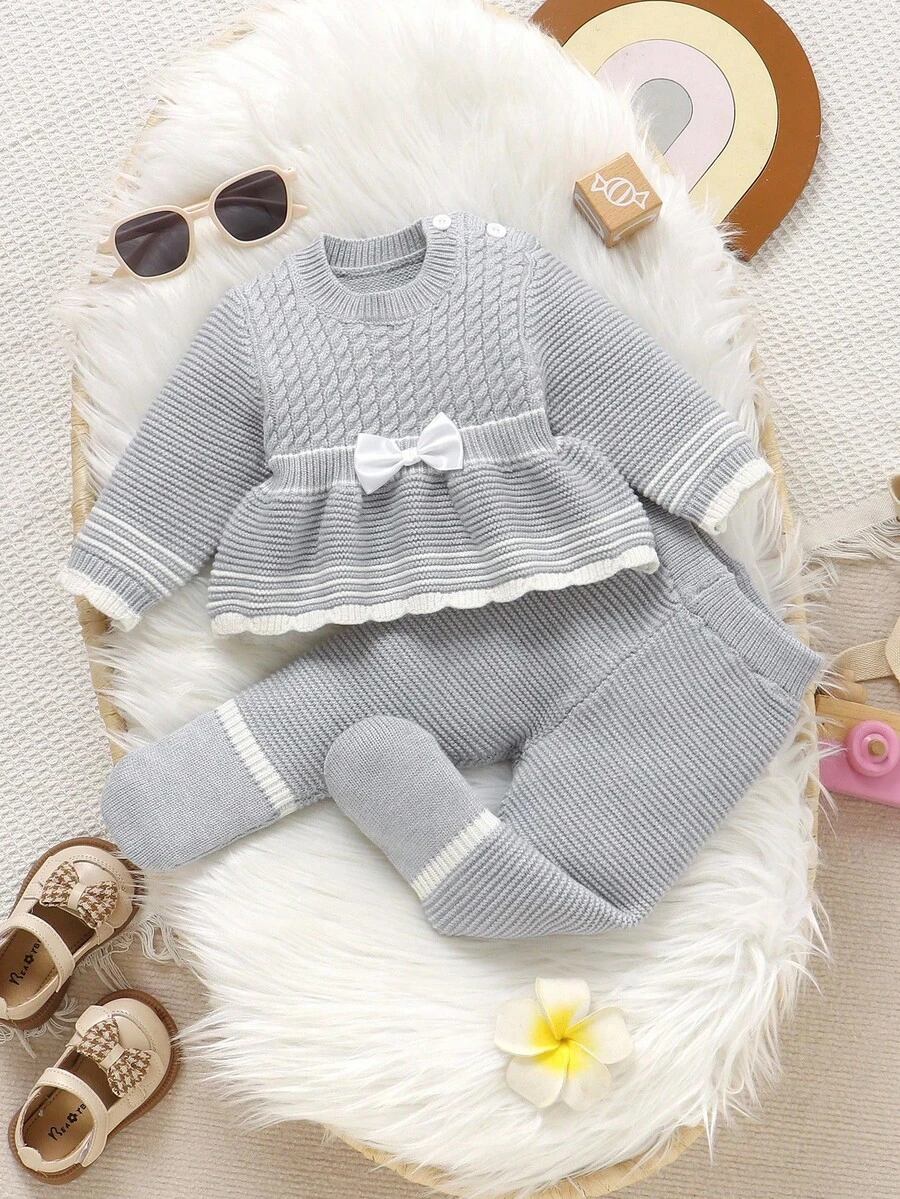 SHEIN 2pcs/Set Baby Girl Apricot Casual Minimalist Bow Round Neck Sweater And Leggings Set Baby Girl Knitted Outfits Baby Girl Grey Outfit Baby Girl Clothes With Bow Knit Two Piece Toddler Baby Girl Sweater And Leggings Set Fall Winter - Light Grey - View 1