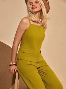 Bóhologie Damen Trägertop und Hose Set aus einfarbigem Material, legeres Zweiteiler-Outfit - Olivgrün - Übersicht 5
