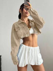 SHEIN ICON Women's Casual Street Style Sexy Flap Pocket Distressed Raw Hem Short Denim Jacket - Apricot - View 4