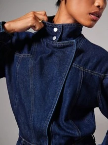 COSMINA 女士休闲日常外出立领牛仔连体裤 - 深色水洗藍 - 查看 2