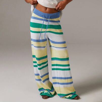 Women's Contrast Color Striped Print Drawstring Waist Casual Knitted Pants In F…