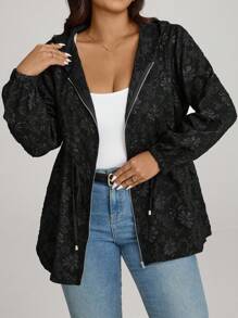 Comfylo Plus Size Front Zip Up Long Sleeve Hooded Jacquard Windbreaker Coat, Casual Daily Wear Winter Fall Autumn