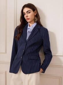 Briarwyn Áo khoác Blazer nữ tay dài thanh lịch in họa tiết sọc cài nút phía trước, mùa thu cho nữ, mùa đông cho nữ, phong cách cổ điển, trở lại trường, giáo viên cho nữ, áo khoác mùa đông - Màu xanh hải quân - Xem 4