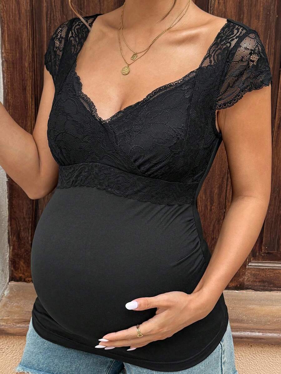 SHEIN Áo thun bầu tay ngắn ôm sát, cổ chữ V, phối ren tương phản, dành cho mùa hè. - màu đen - Xem 1