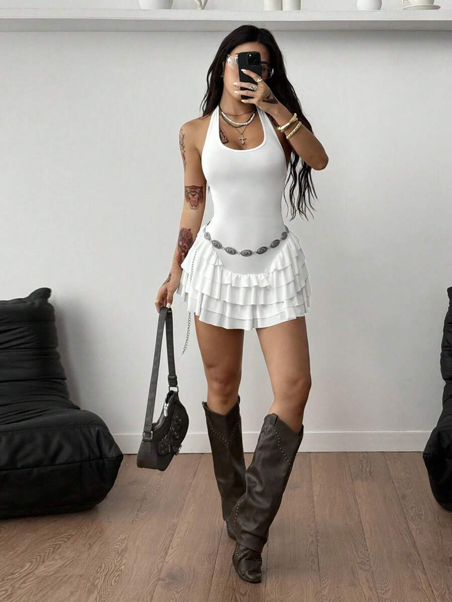 Coolane 女士春季 Y2K 外出日常穿着基本款音乐节针织挂脖荷叶边连衣裙