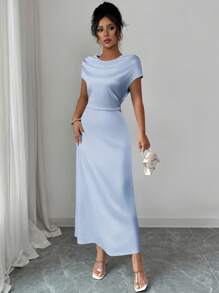 Rafferiza 女士优雅休闲/商务低胸短袖波西米亚风连衣裙 - 淺藍色 - 查看 5