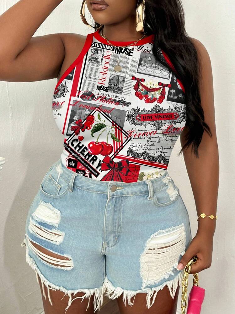 Slaydiva Plus Size Women Cherry Cartoon Print Round Neck Sleeveless Tank Top, Suitable For Summer Suitable For Going Out Back To School - Red - View 5