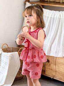 SHEIN 2 件套女婴幼儿 0-3 岁夏季休闲度假格子雏菊刺绣无袖上衣 + 短裤套装，红色 - 紅色 - 查看 9