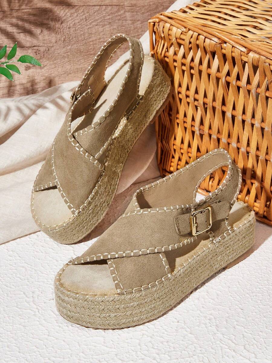 Styleloop Damen Geflecht Seil Plateau Keilsandalen, Urlaubsstil BOHO Chic Retro Amerikanisch Western Musik Festival Party Outfit - Khaki - Übersicht 1