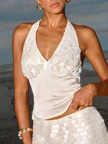 Opulessa Glänzendes Pailletten-Top für Damen, einfarbig, mit Pailletten-Spleißen, rückenfrei, Neckholder-Top, Herbstkleidung für Damen, Schulanfang, Y2k, Streetwear für Damen, bescheiden, Vintage, Lehrer-Outfits für Damen, Flughafen-Outfit für Damen